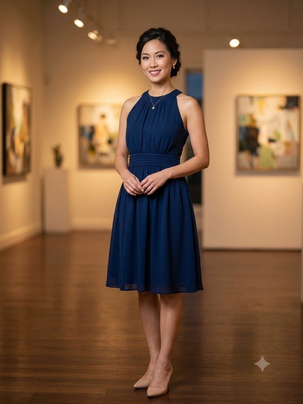 Fervour Halter Midi Dress in Navy with Pleated Waist